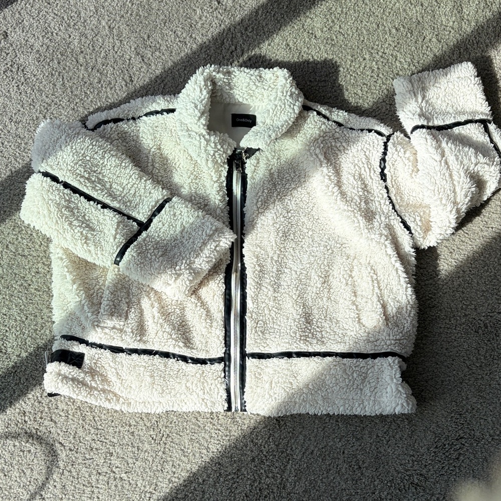 One&Only Cream Sherpa Zip Jacket with Black Trim